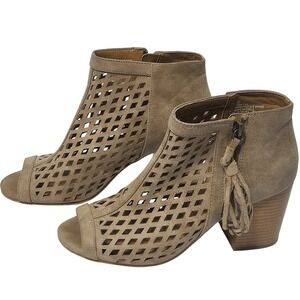 Brash Betsy Taupe Laser Cut Peep Toe Tassel Block Heel Booties Women's 8M